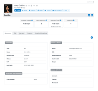 Screenshot of an individual user profile, including everything from personal information and contact details, to job details and personal notes.