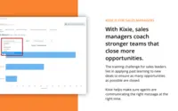 Screenshot of With Kixie, sales managers coach stronger teams that close more opportunities. It's a powerful ally for sales managers. The training challenge for sales leaders lies in applying past learning to new deals to ensure as many opportunities as possible are closed. Kixie helps make sure agents are communicating the right message at the right time.