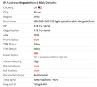Screenshot of IP address lookup for a high risk connection.