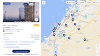 Screenshot of Interaction map of Dubai. The most current launchers. Convenient filtering by Developers, Price and date of delivery of the property.