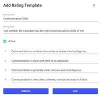 Screenshot of Applicant Rating Template can be used to create different skill set templates against which a candidate is to be judged during an interview.